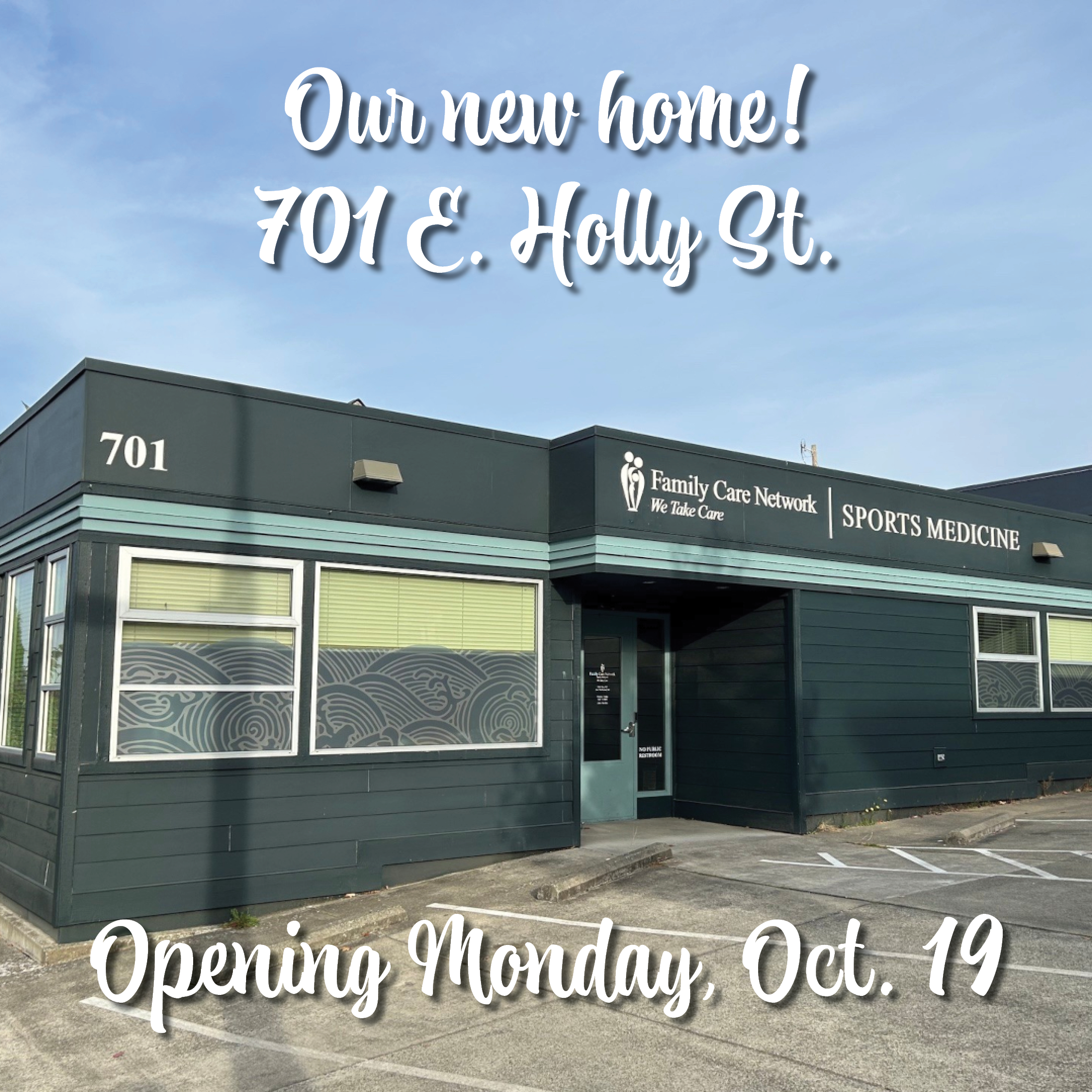 FB post 1080×1080 Exterior of Family Care Network Sports Medicine clinic in Bellingham.